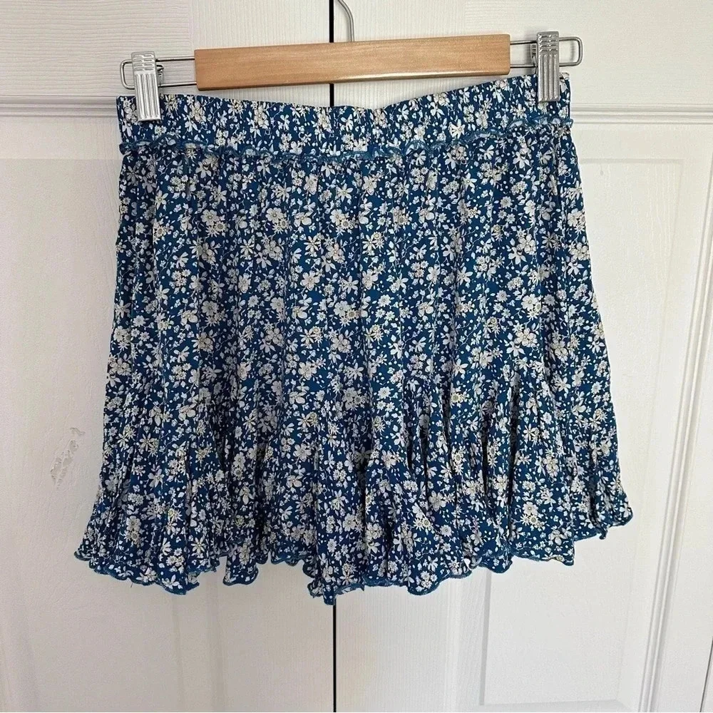 Aakaa Blue Ruffled White Floral Mini Skirt Drawstring Tassels Size Small
